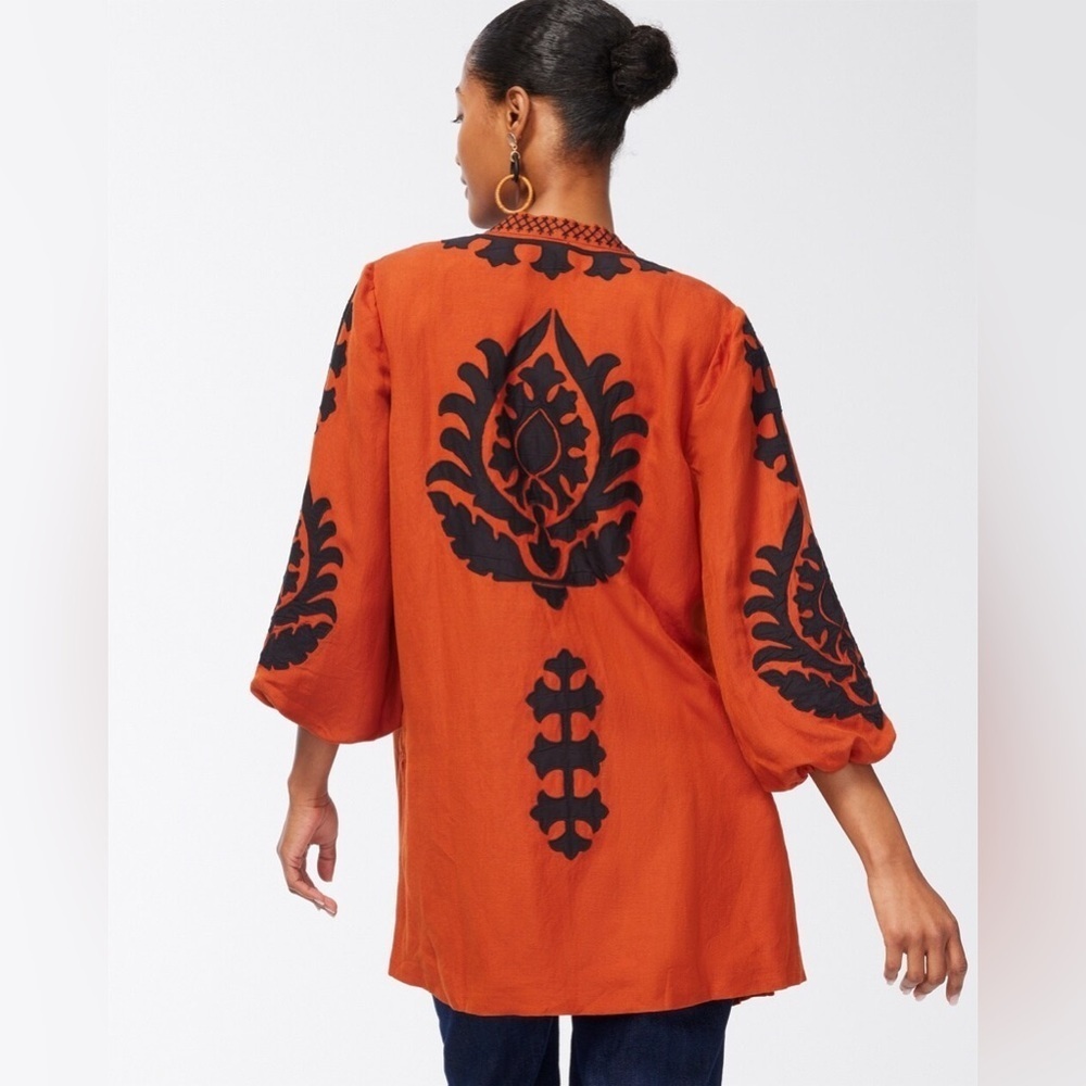 Chico’s Linen Blend Applique Jacket, Rust/Black, Size XL, GUC - Picture 4 of 9